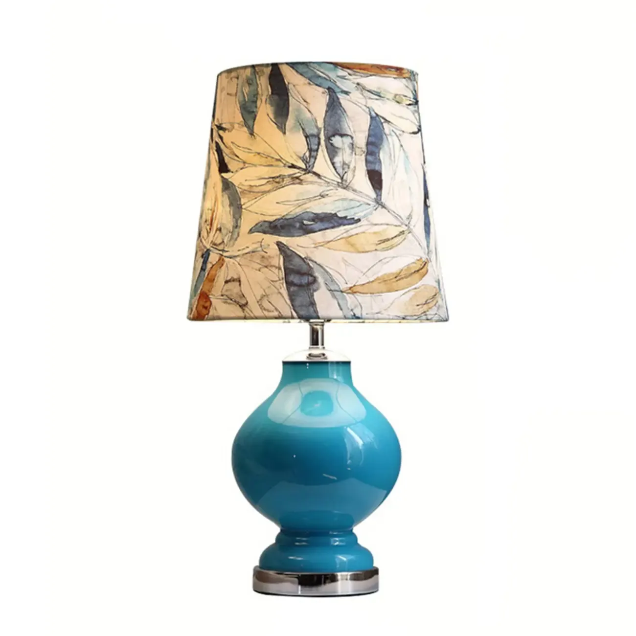 Blue Glass Table Lamp with Leaf Fabric Shade Image - 5