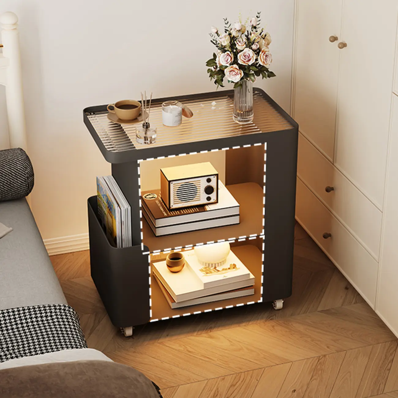 Postmodern 3 Shelves Open Storage Rolling Nightstand with Light Image - 3 | homeyfad