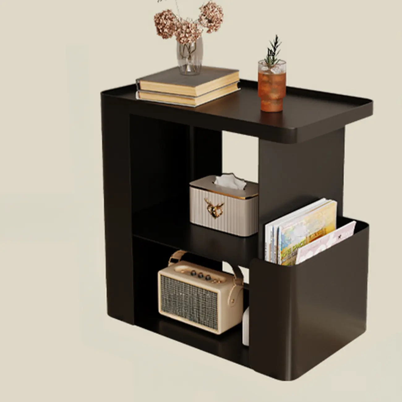 Postmodern 3 Shelves Open Storage Rolling Nightstand with Light Image - 12 | homeyfad