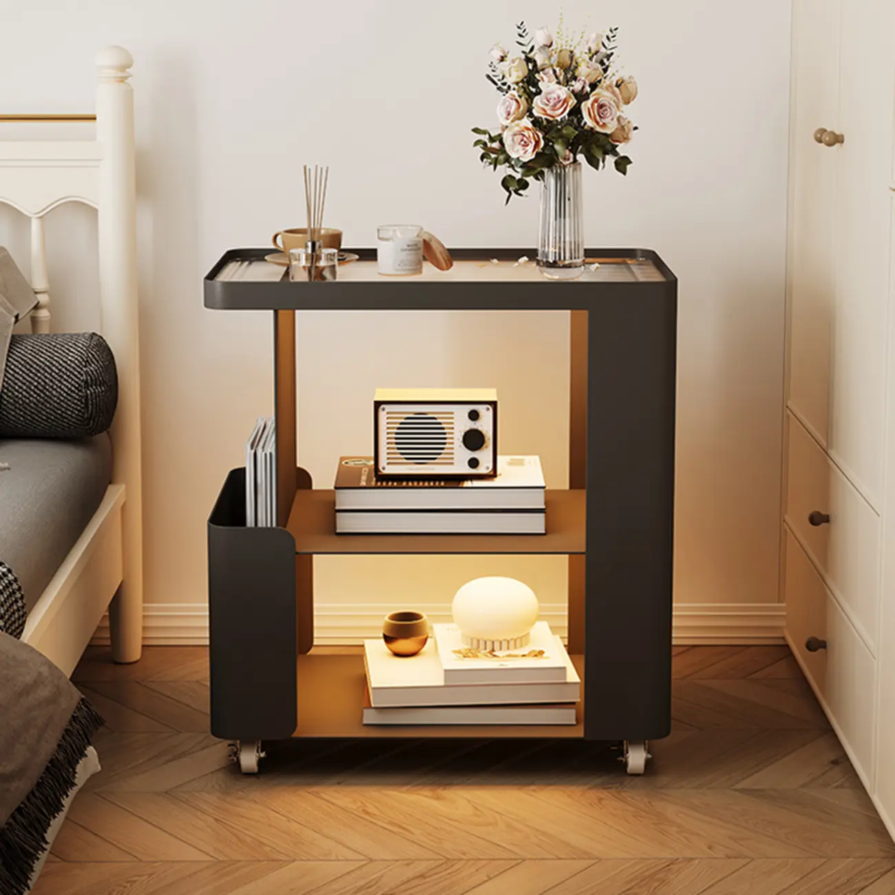Postmodern 3 Shelves Open Storage Rolling Nightstand with Light Image - 2 | homeyfad