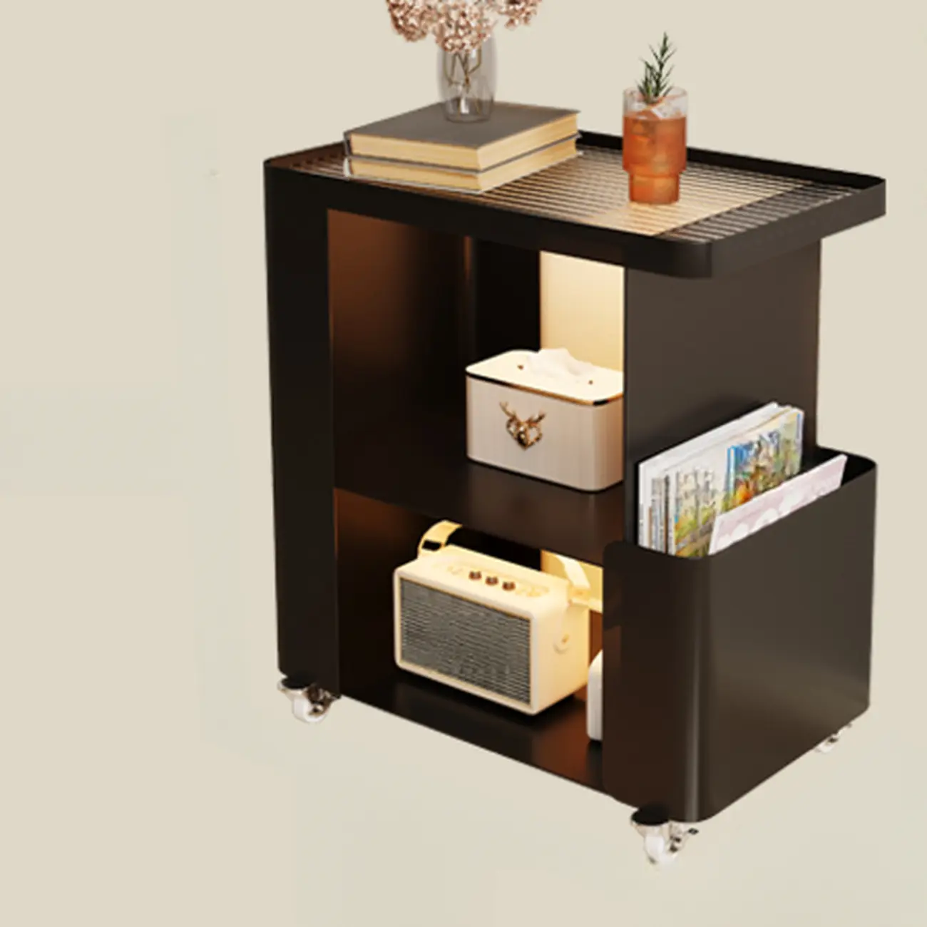 Postmodern 3 Shelves Open Storage Rolling Nightstand with Light Image - 13 | homeyfad