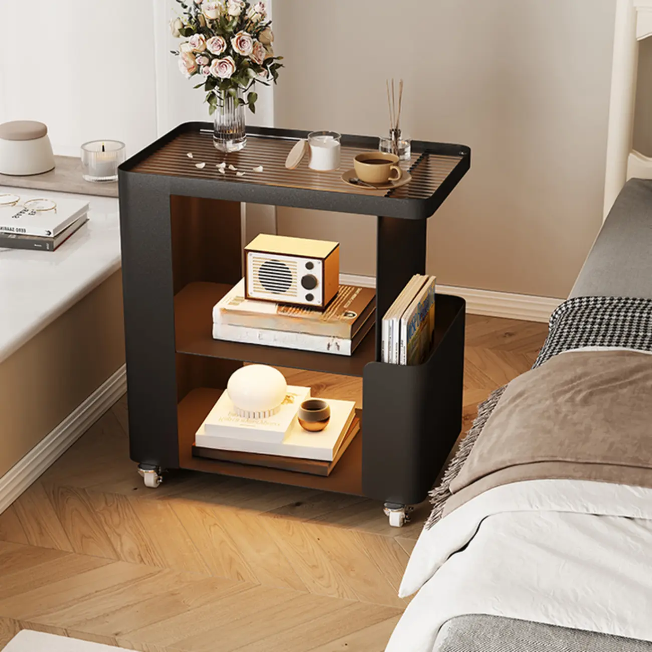 Postmodern 3 Shelves Open Storage Rolling Nightstand with Light Image - 6 | homeyfad