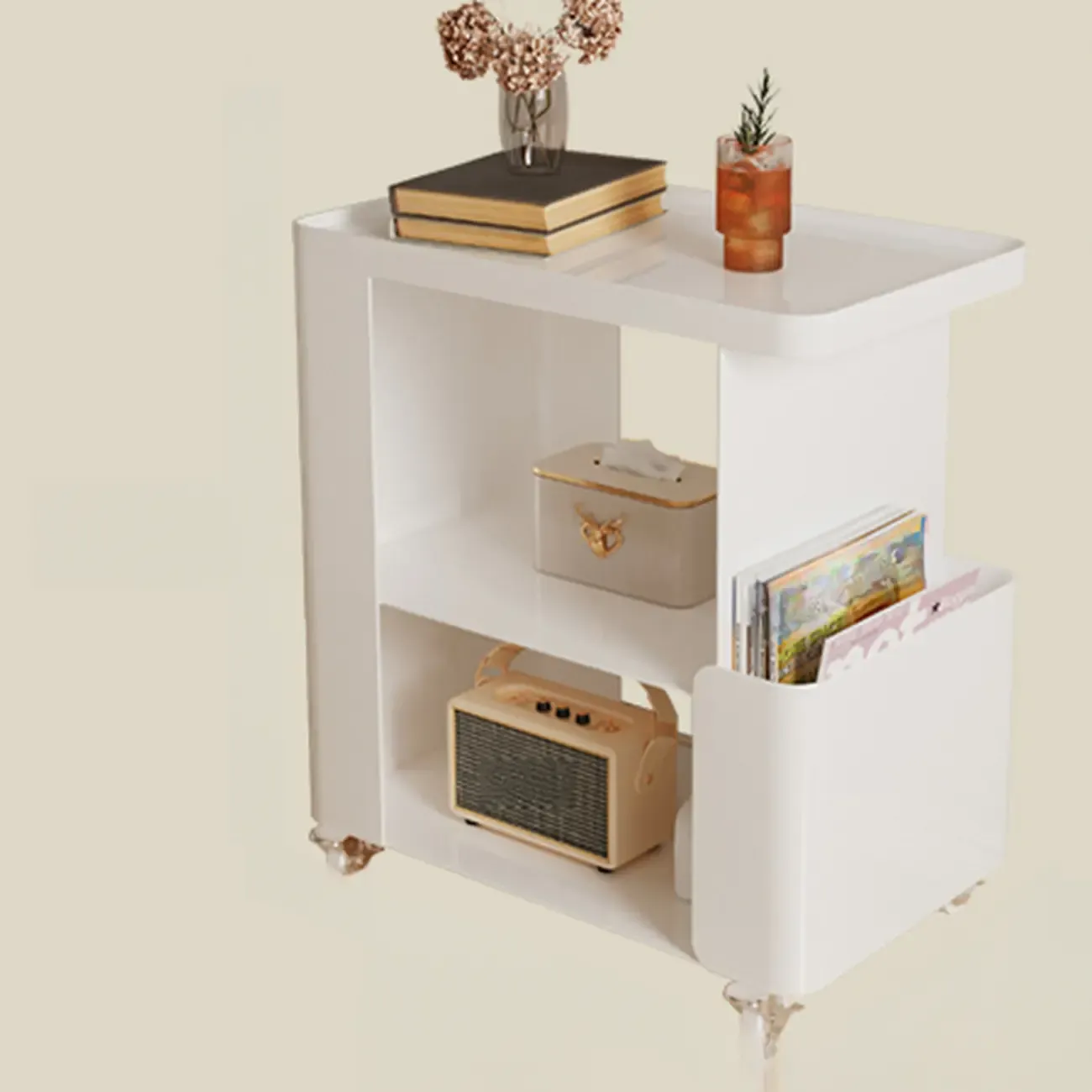 Postmodern 3 Shelves Open Storage Rolling Nightstand with Light Image - 14