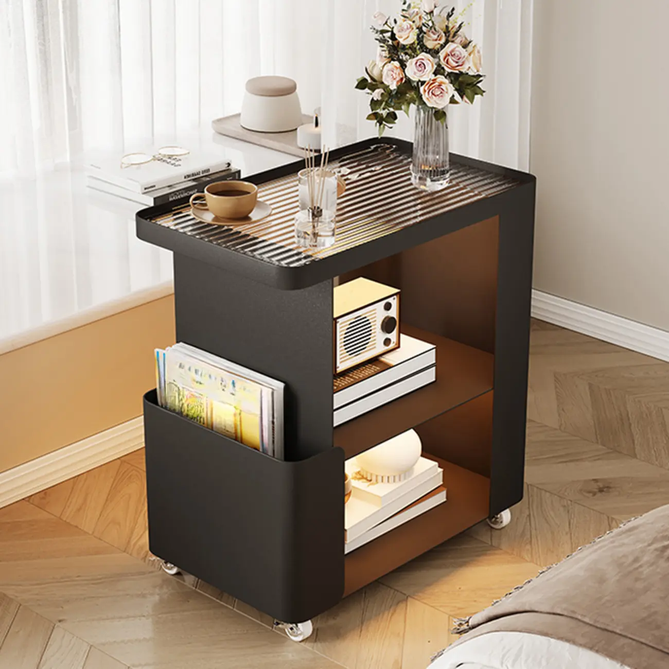 Postmodern 3 Shelves Open Storage Rolling Nightstand with Light Image - 2 | homeyfad