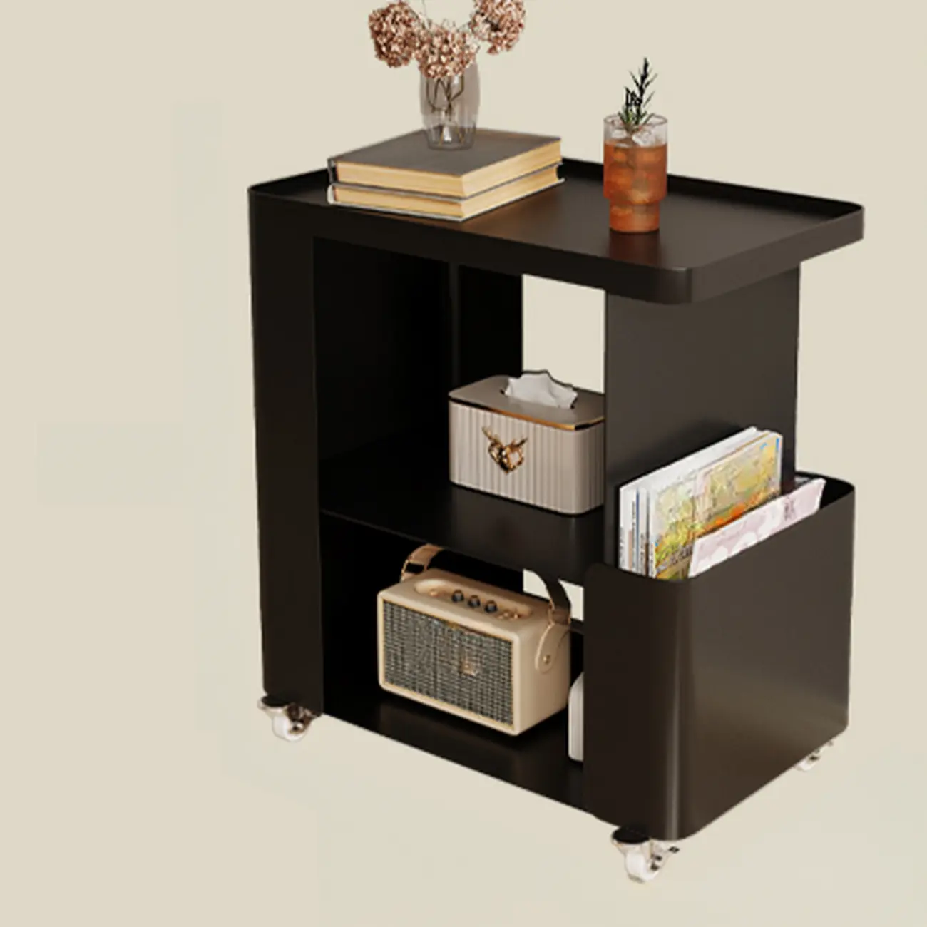Postmodern 3 Shelves Open Storage Rolling Nightstand with Light Image - 15 | homeyfad