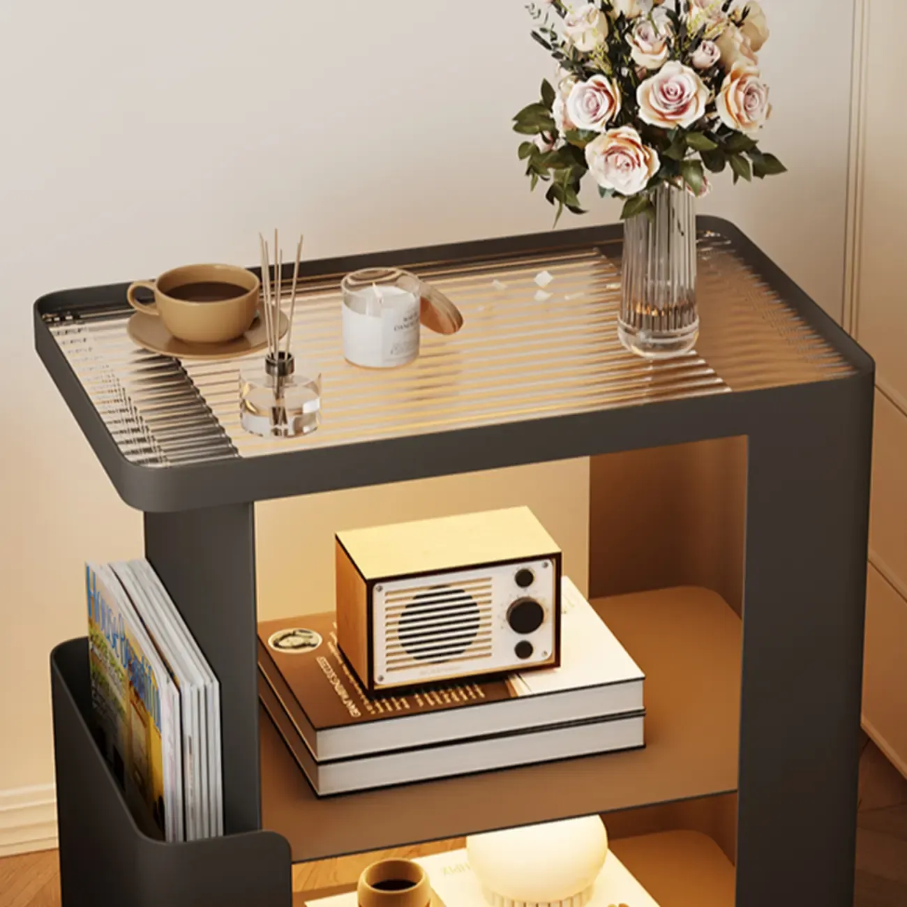 Postmodern 3 Shelves Open Storage Rolling Nightstand with Light Image - 4
