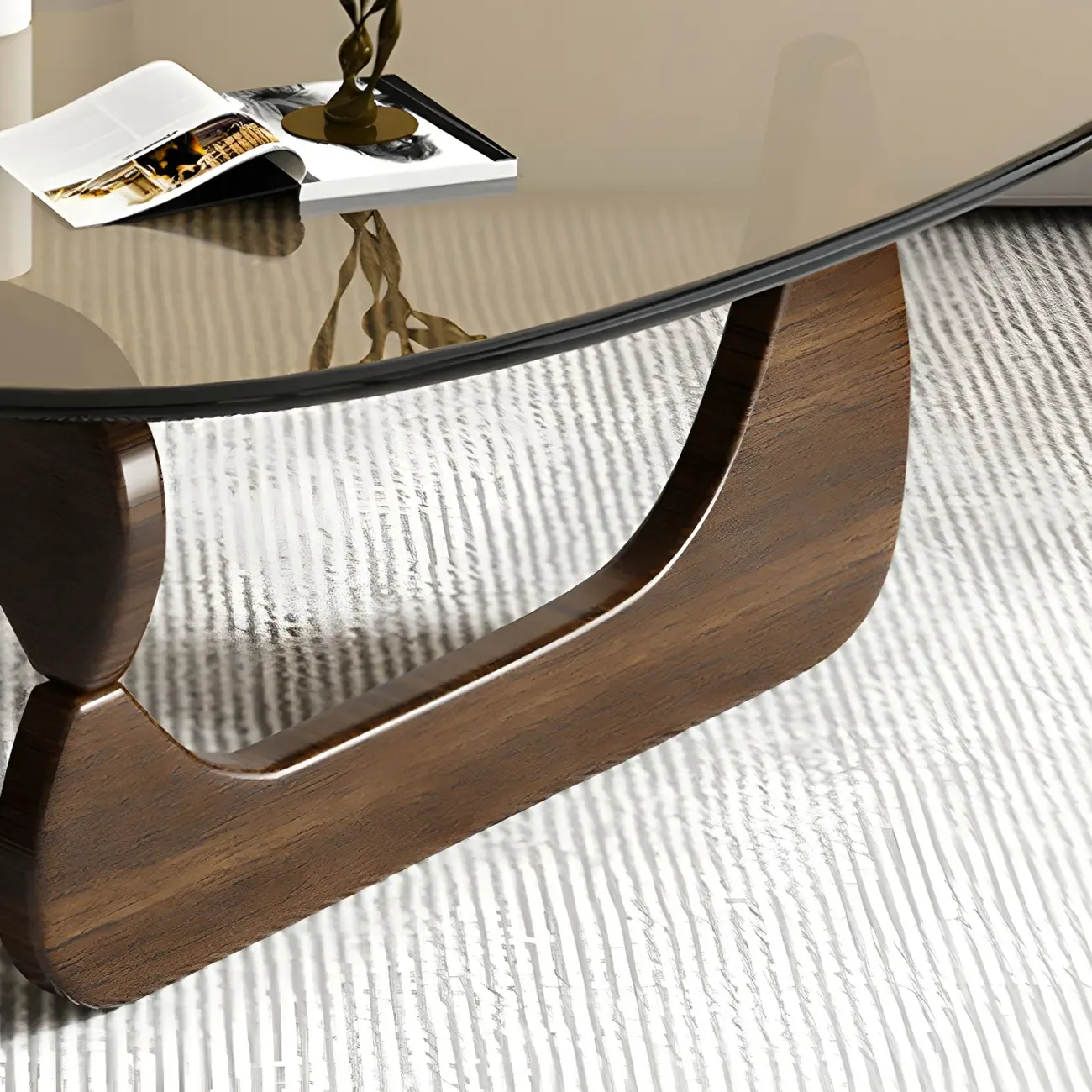 Modern Triangle Glass Coffee Table Wooden Base Image - 5