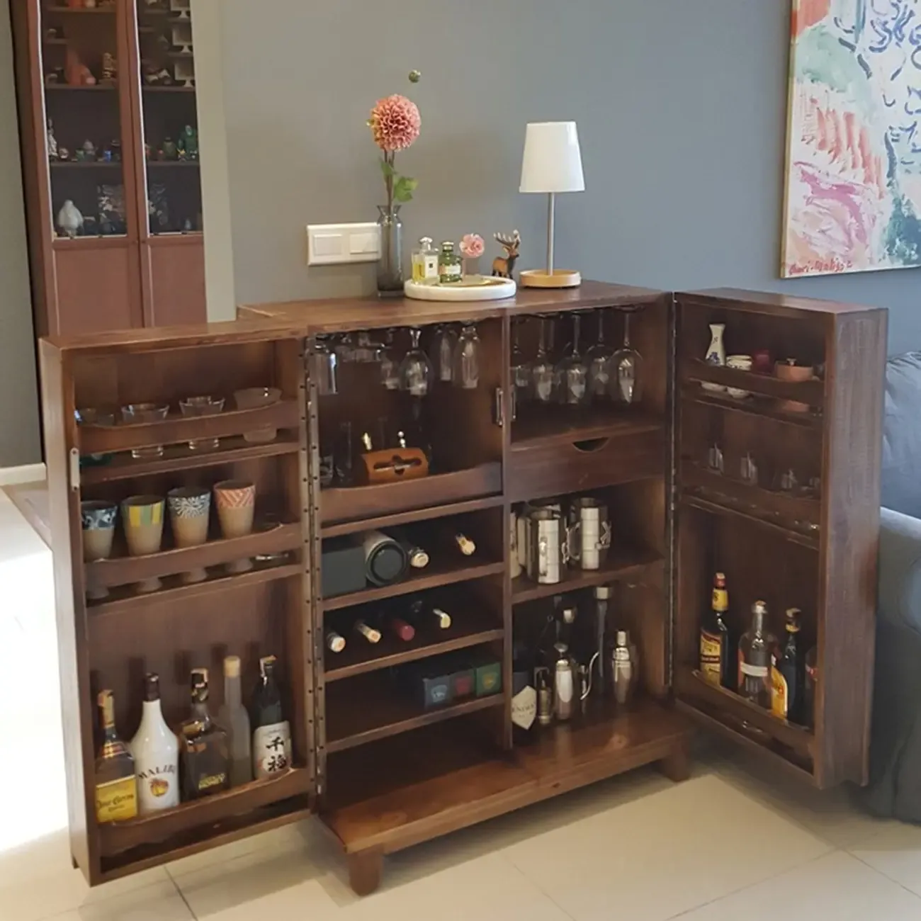 Rustic Independent Wine Storage Units with Bar Glass Holder Shelf, Compartment Drawers, and Doors Image - 1