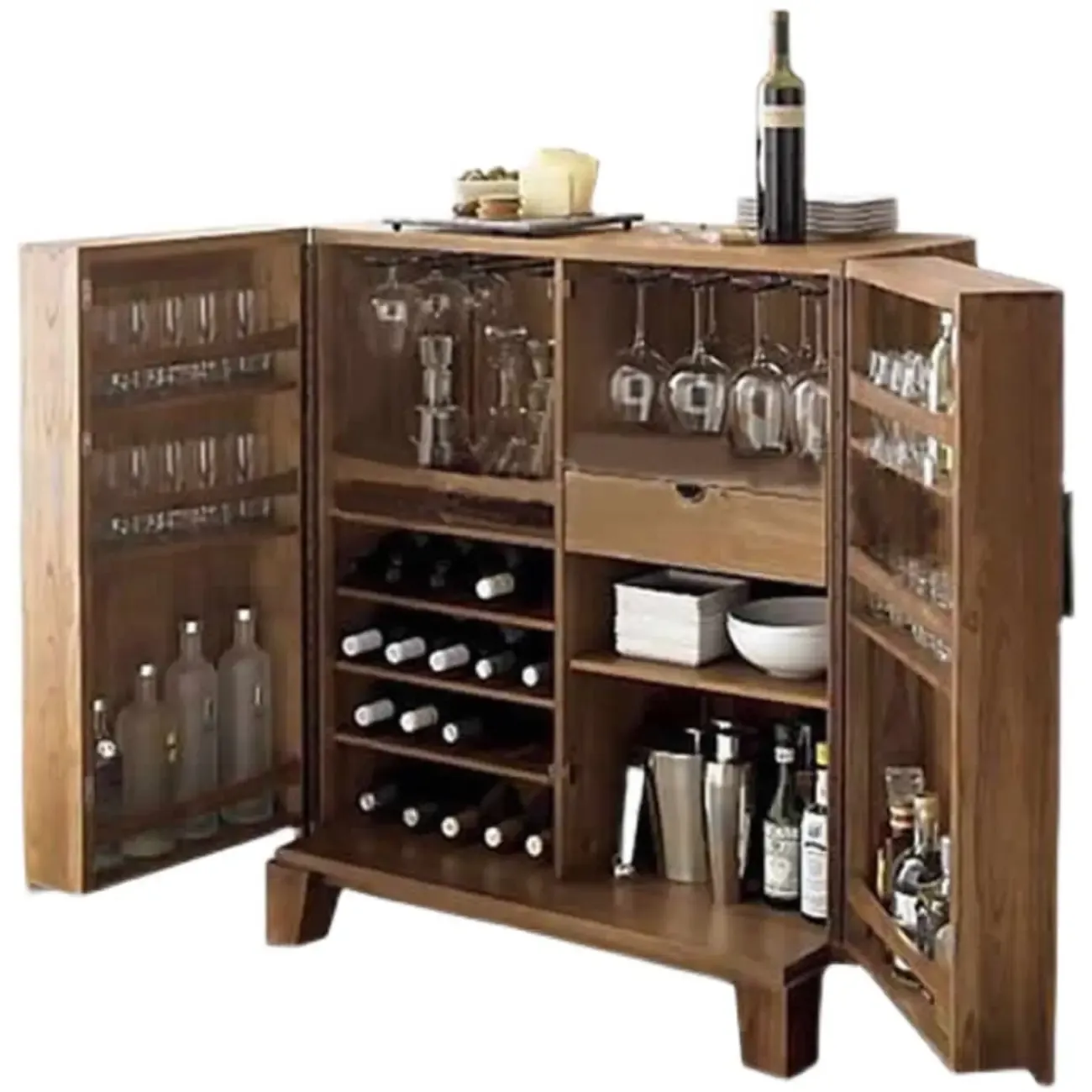 Rustic Independent Wine Storage Units with Bar Glass Holder Shelf, Compartment Drawers, and Doors Image - 3