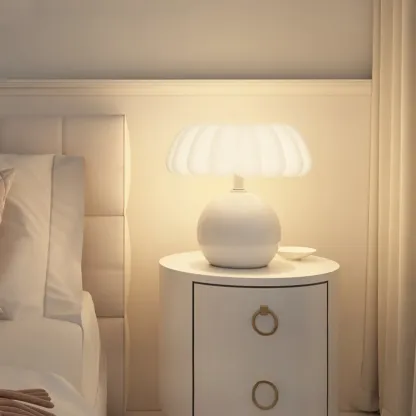 Pumpkin-Shape White Resin LED Table Lamp in 3 Color Light Image - 2