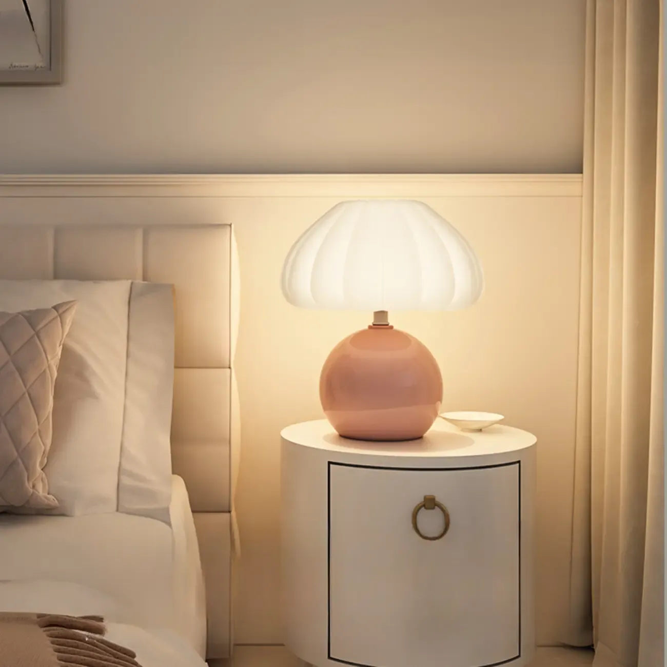 Pumpkin-Shape White Resin LED Table Lamp in 3 Color Light Image - 7