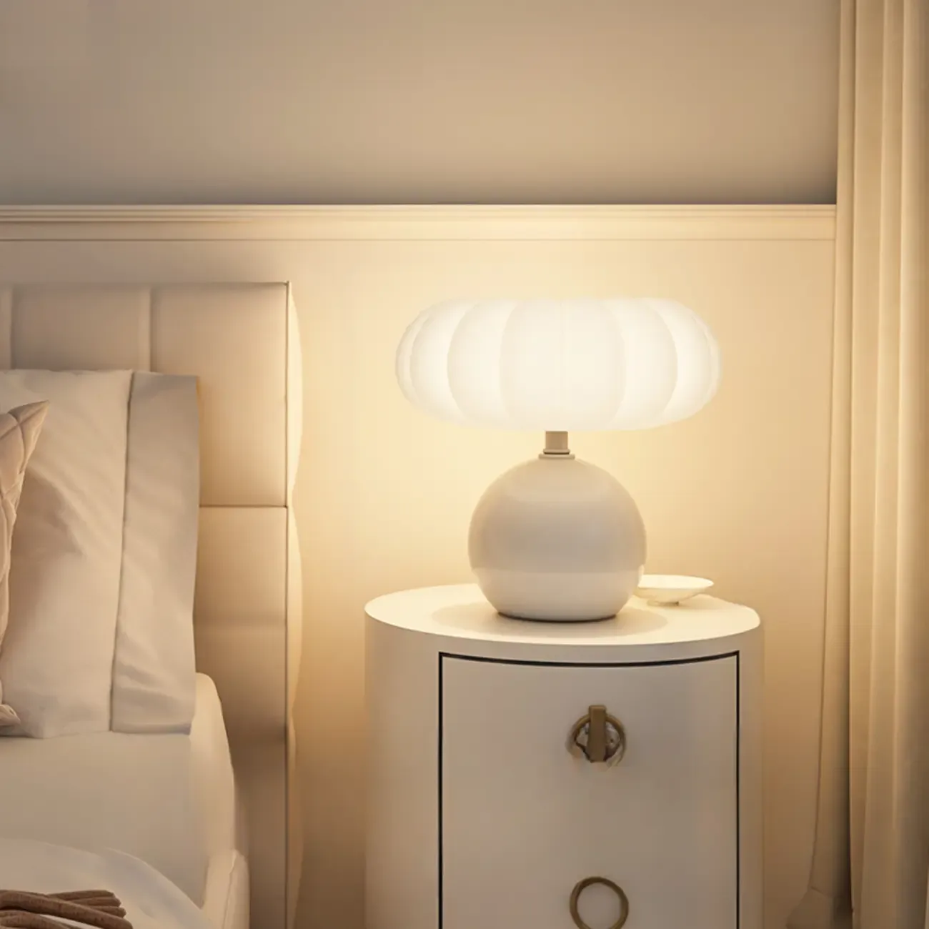 Pumpkin-Shape White Resin LED Table Lamp in 3 Color Light Image - 9