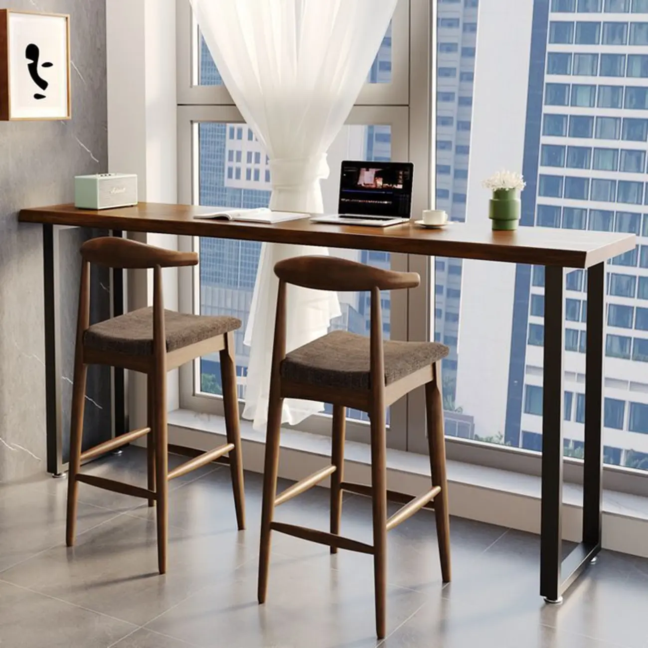 Modern Brown Wooden Top Rectangle Bar Table Metal Base Image - 1 | homeyfad