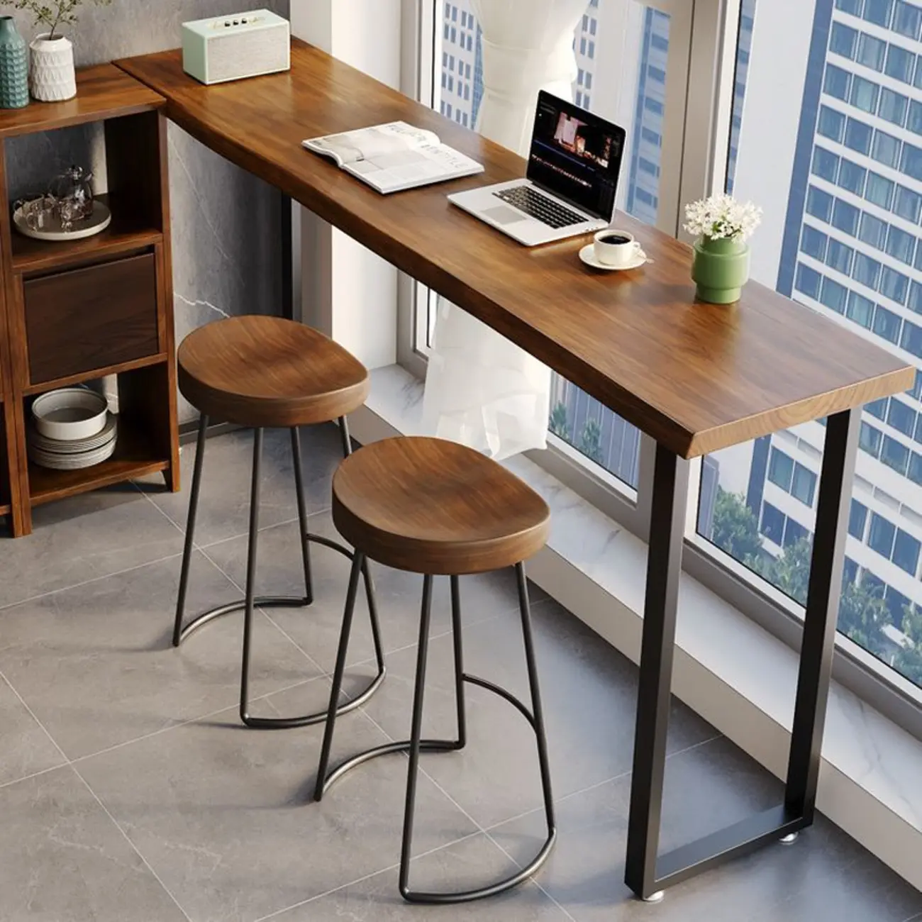 Modern Brown Wooden Top Rectangle Bar Table Metal Base Image - 2 | homeyfad