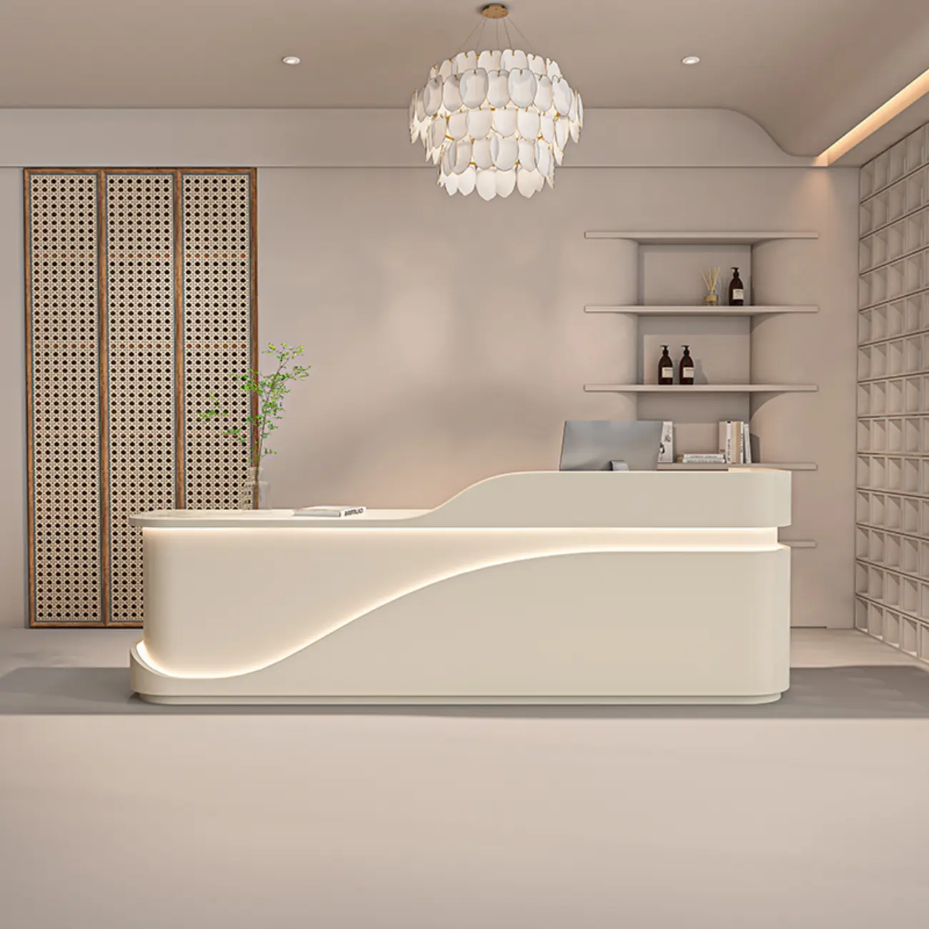 Minimalist Off-White Free Form Reception Desk with Lighting Image - 1 | homeyfad