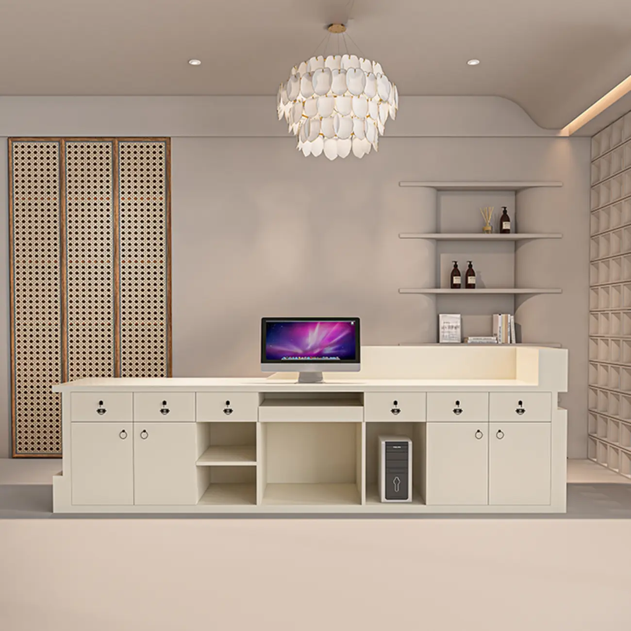Minimalist Off-White Free Form Reception Desk with Lighting Image - 2 | homeyfad