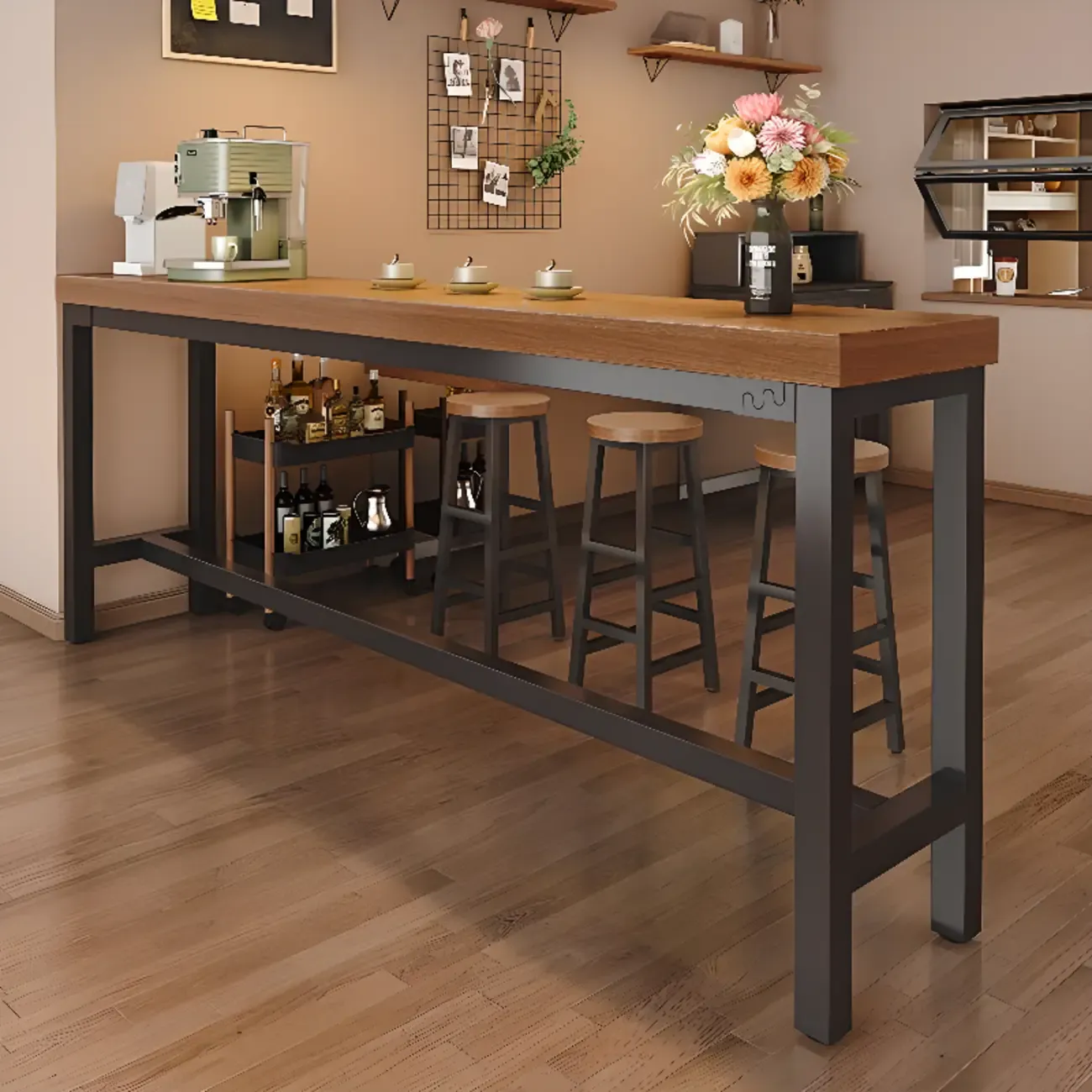 Industrial Brown Wooden Bar Table with Footrest for Home Pub Image - 1