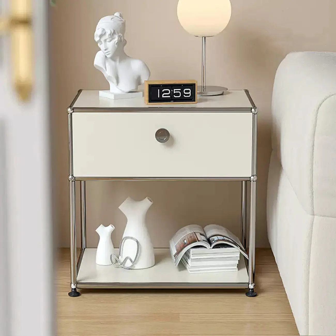 Modern Steel Nightstand with Drawer and Open Shelf Image - 1 | homeyfad