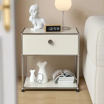 Modern Steel Nightstand with Drawer and Open Shelf Image - 1