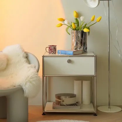 Modern Steel Nightstand with Drawer and Open Shelf Image - 7