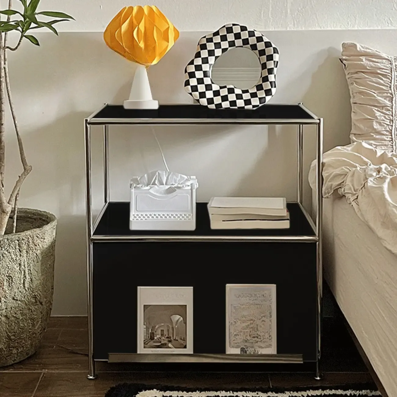 Modern Steel Nightstand with Drawer and Open Shelf Image - 4