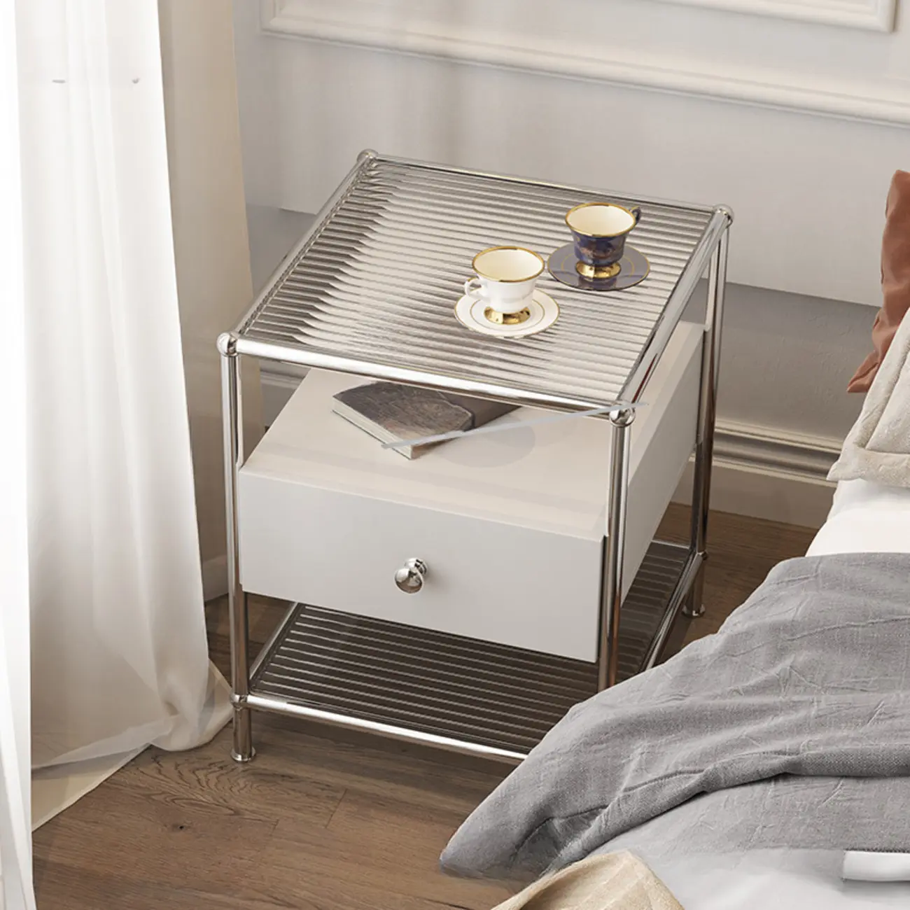 Modern Steel Nightstand with Drawer and Open Shelf Image - 2 | homeyfad