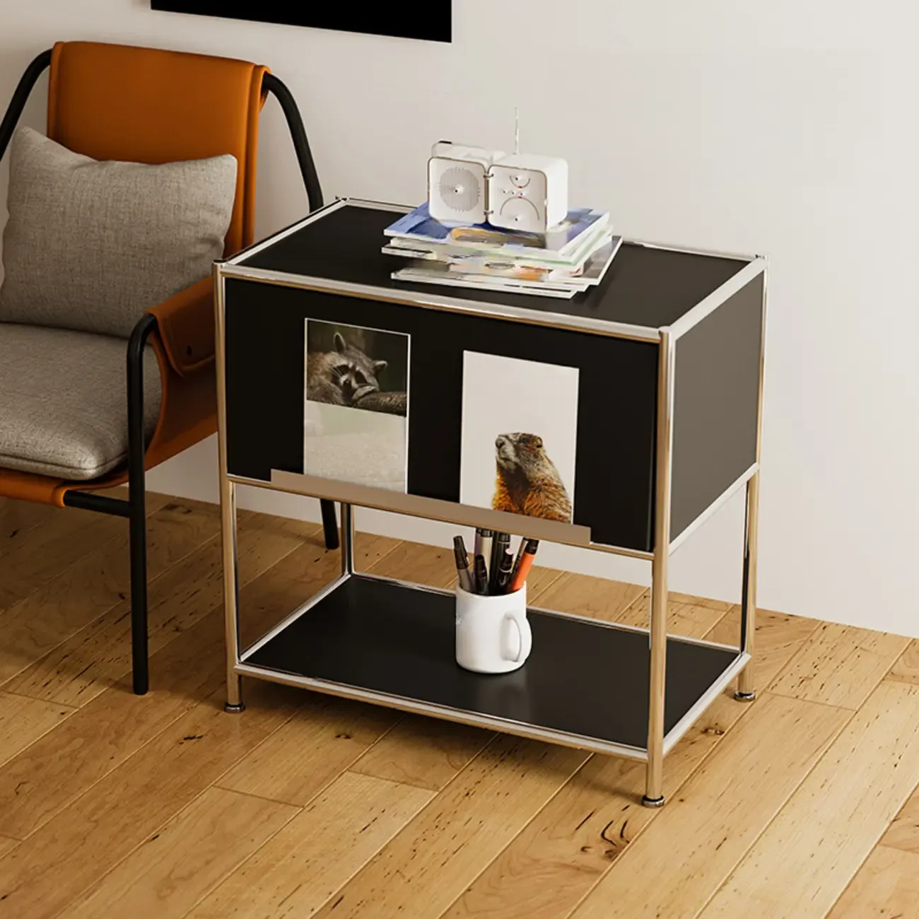 Modern Steel Nightstand with Drawer and Open Shelf Image - 5