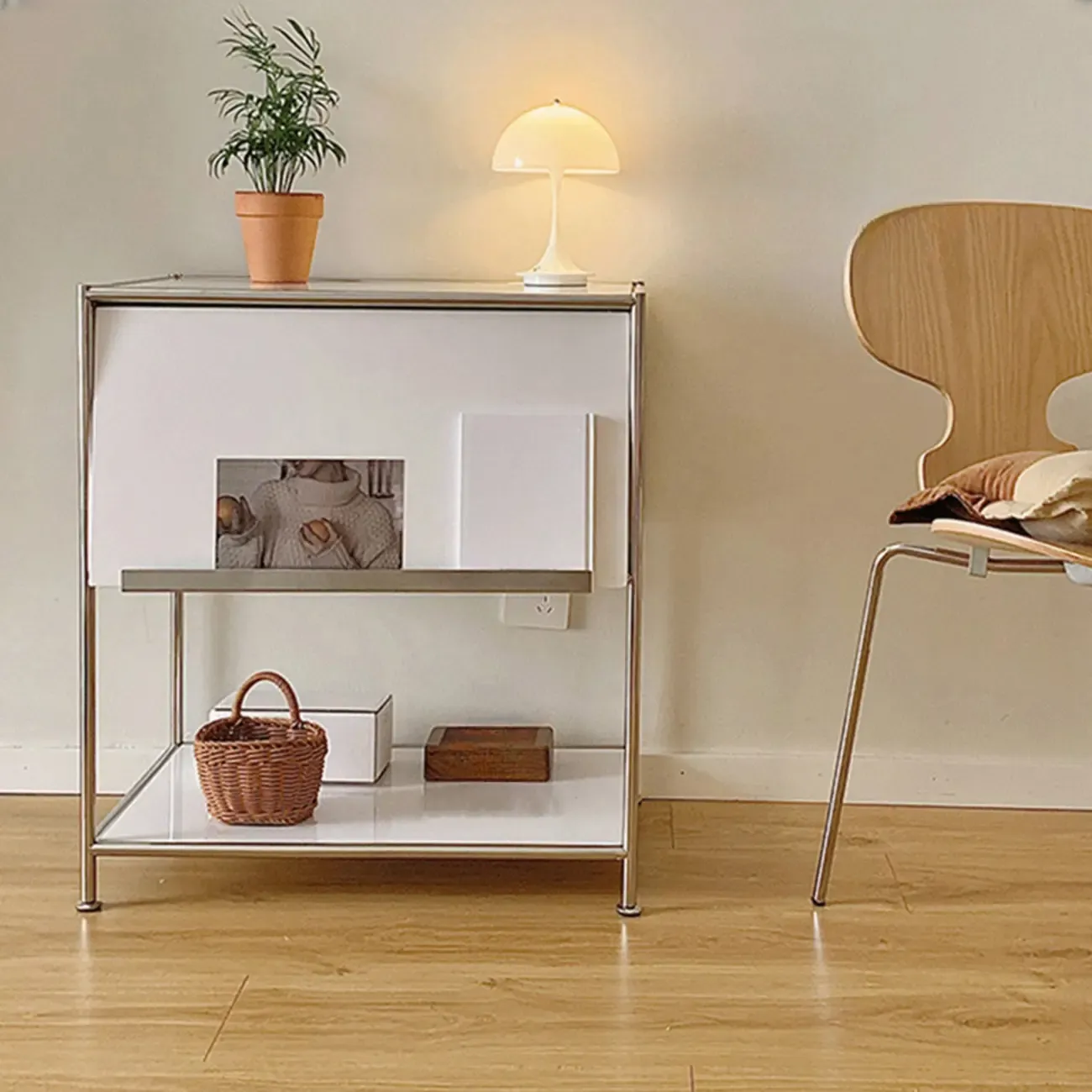 Modern Steel Nightstand with Drawer and Open Shelf Image - 8