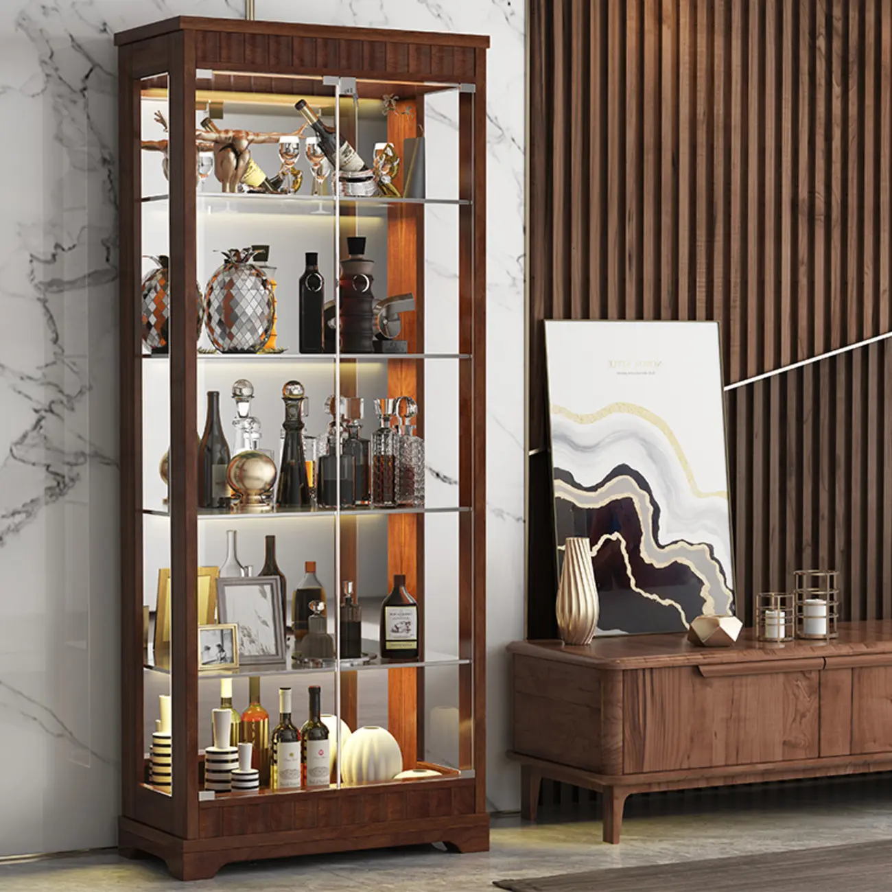 Modern Wood Wine Cabinet with Bar Glass Holder Shelf Image - 2 | homeyfad