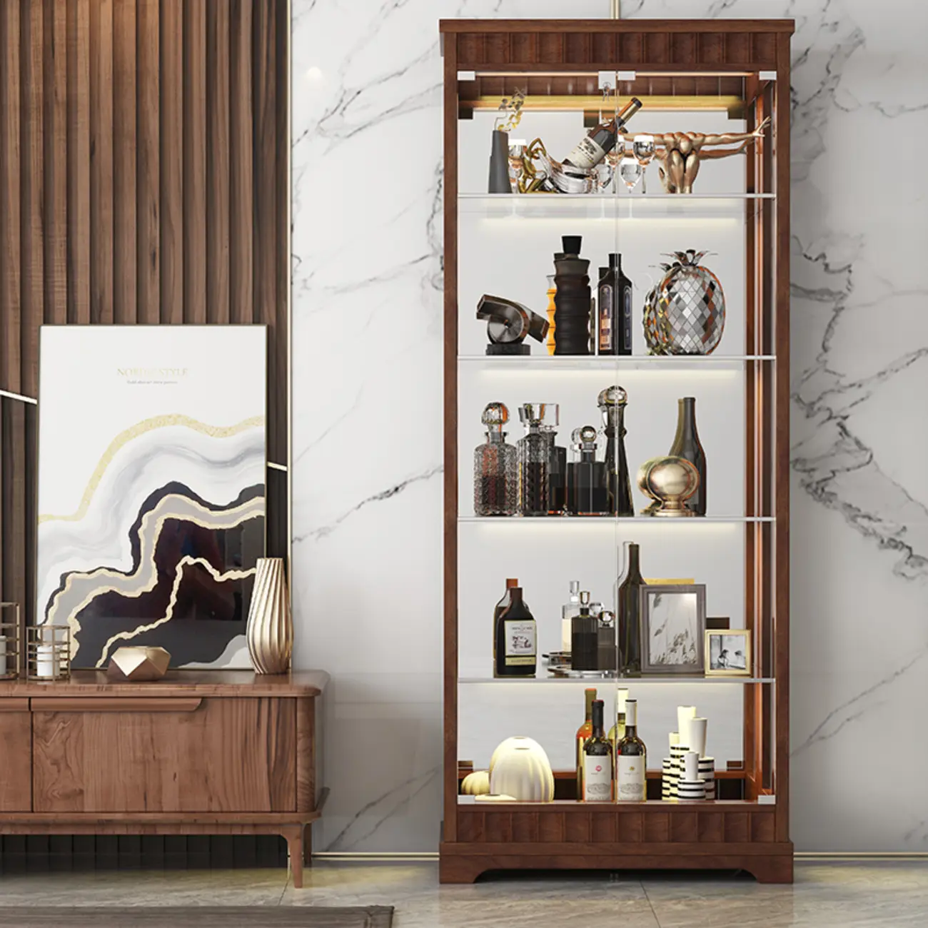 Modern Wood Wine Cabinet with Bar Glass Holder Shelf Image - 3 | homeyfad