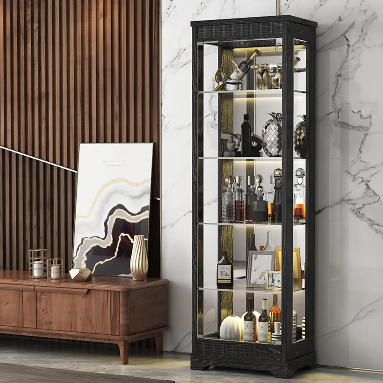 Modern Wood Wine Cabinet with Bar Glass Holder Shelf Image - 4