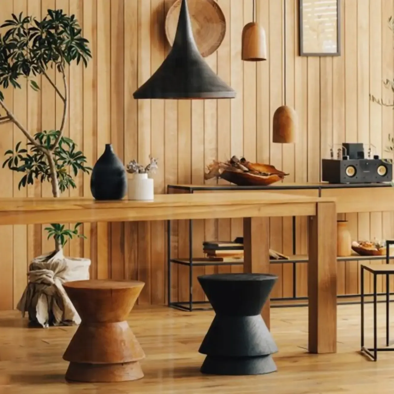 Small Round Modern Pine Wood Side Table with Drum Base Image - 8