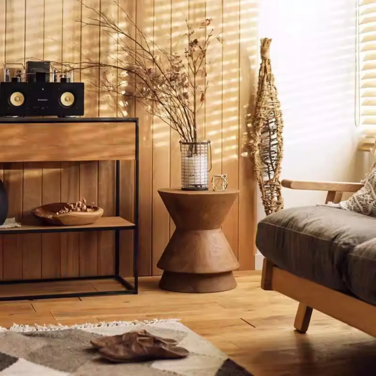 Small Round Modern Pine Wood Side Table with Drum Base Image - 2 | homeyfad