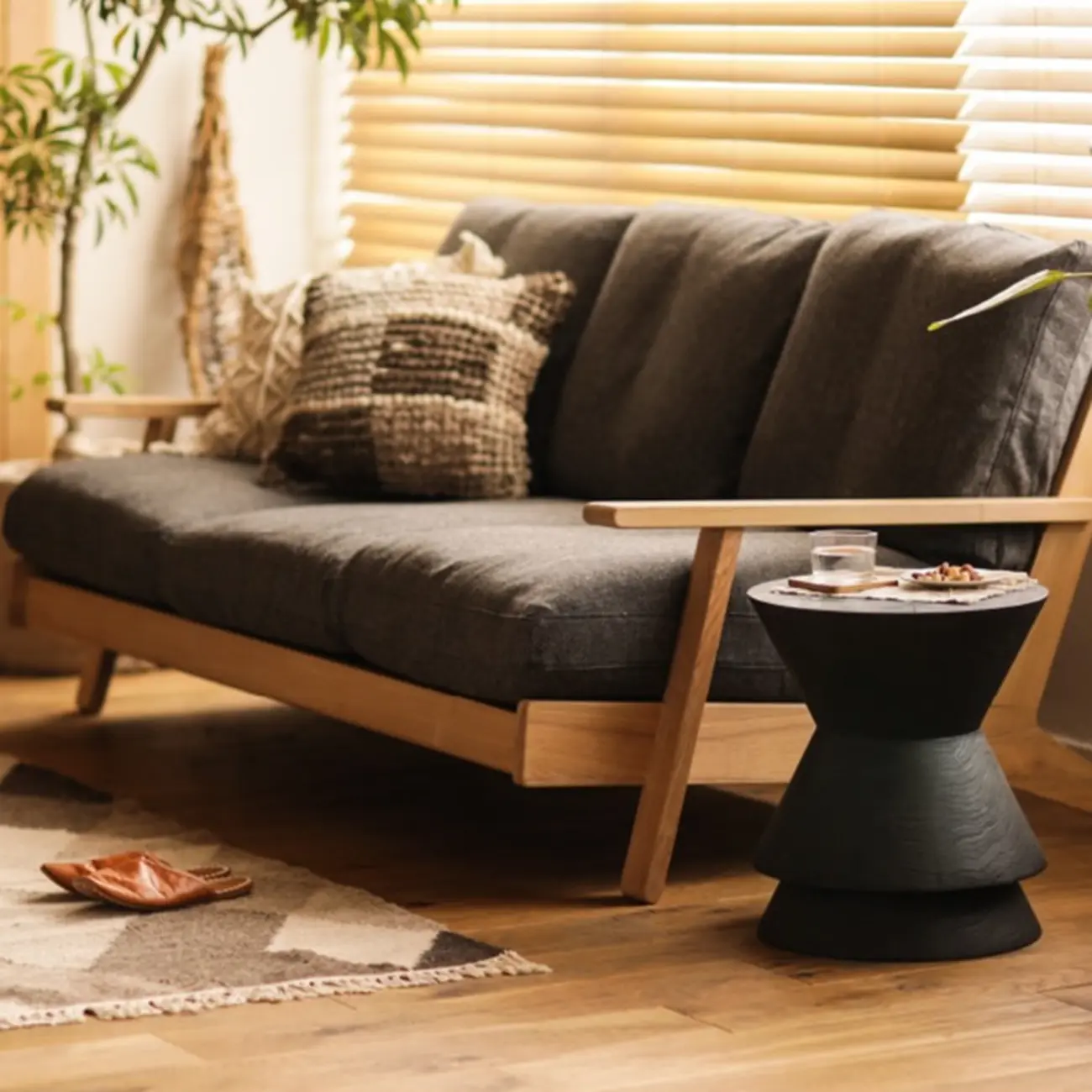 Small Round Modern Pine Wood Side Table with Drum Base Image - 9 | homeyfad