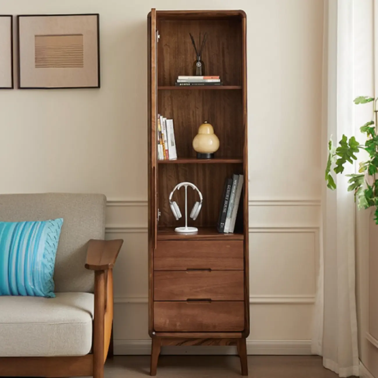 Tall Wooden Display Cabinet with Glass Door for Living Room Image - 3 | homeyfad