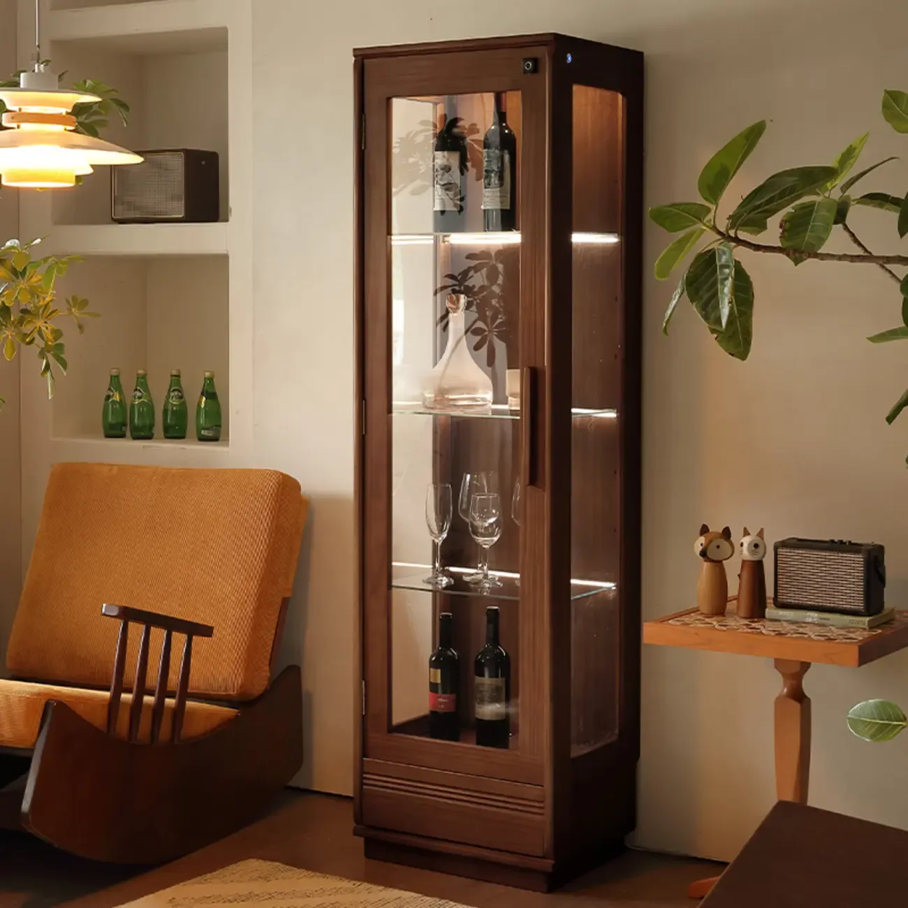 Nordic Tall Wooden 4-Shelf Curio Cabinet with Light Image - 1