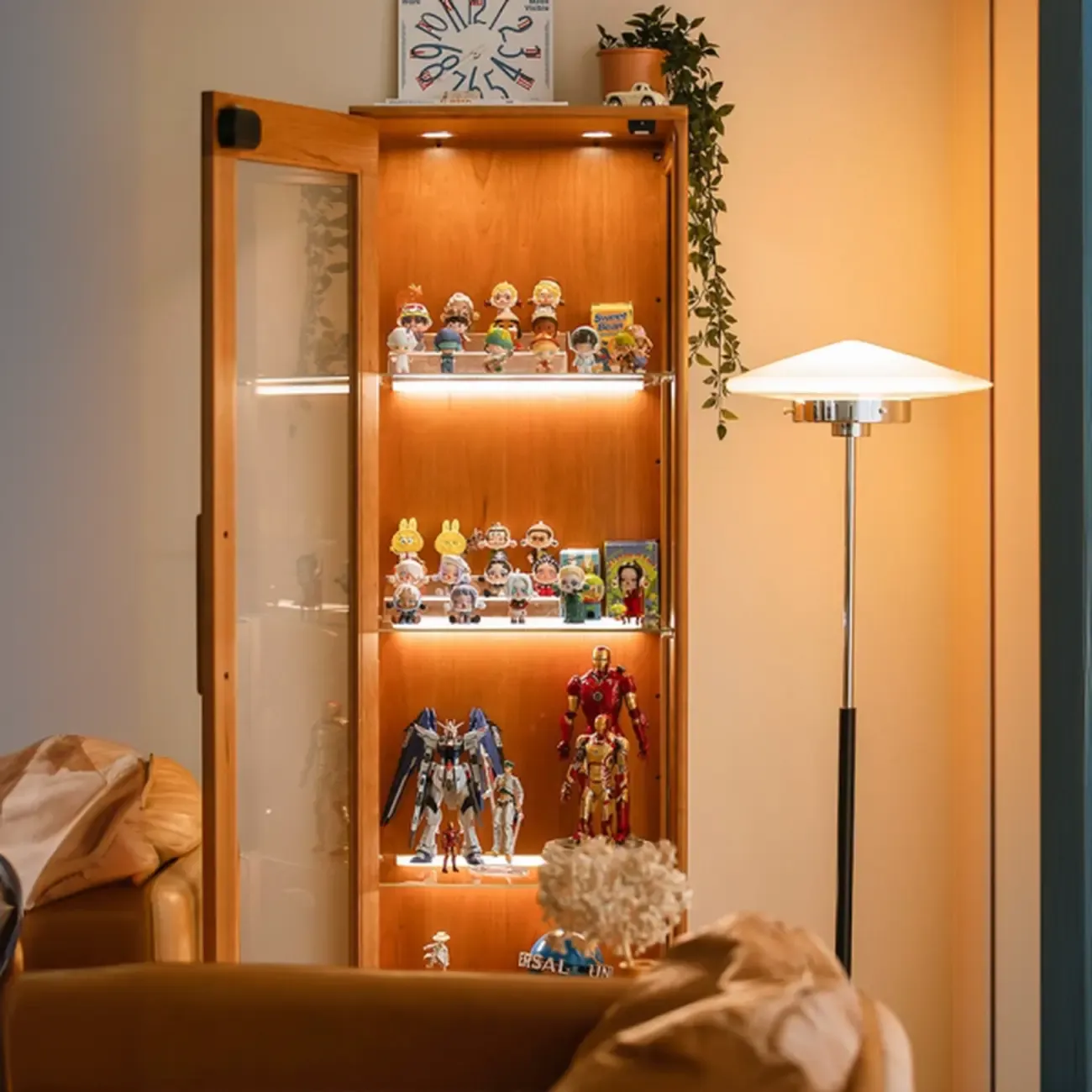 Nordic Tall Wooden 4-Shelf Curio Cabinet with Light Image - 4