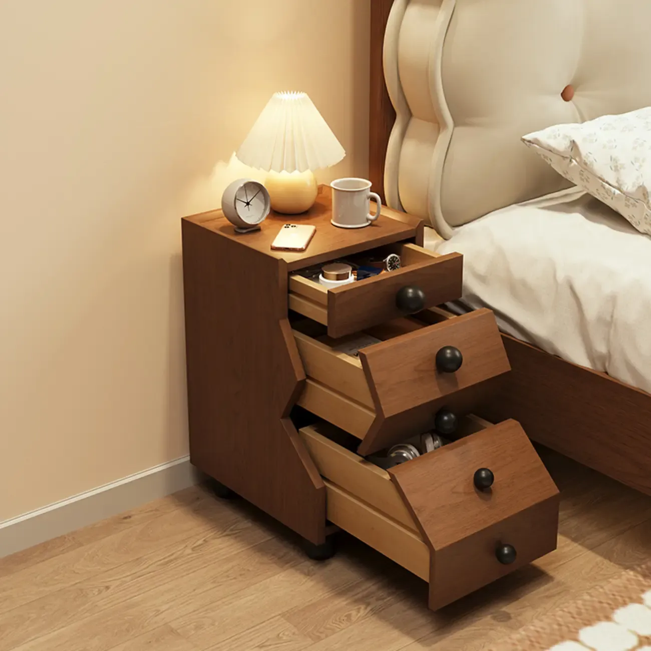 Modern Wood Top 3 Drawers Nightstand with Legs Image - 2