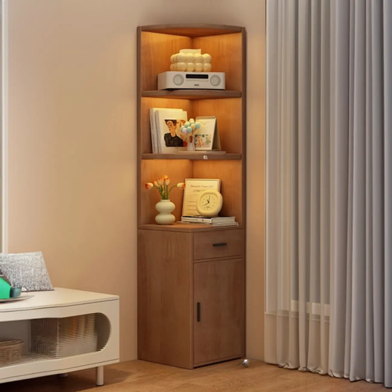 71" Minimalist Corner Storage Display Cabinet With Lighting Image - 2 | homeyfad