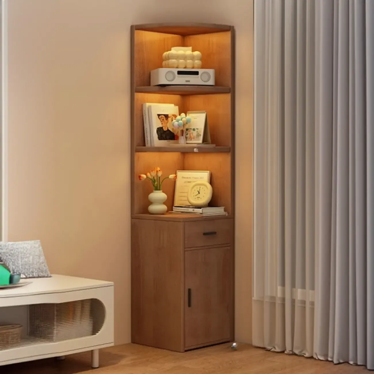 71" Minimalist Corner Storage Display Cabinet With Lighting Image - 2