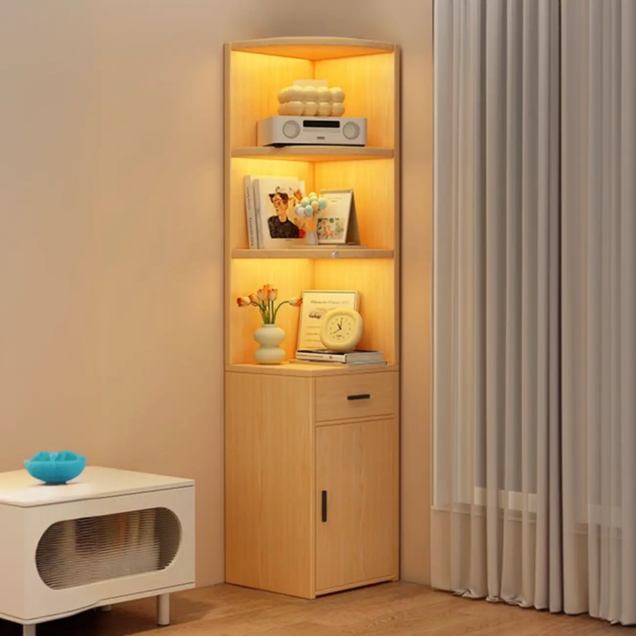 71" Minimalist Corner Storage Display Cabinet With Lighting Image - 3 | homeyfad