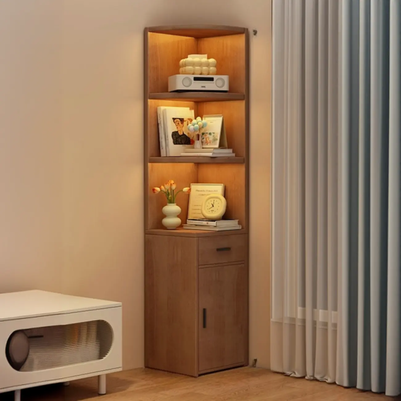 71" Minimalist Corner Storage Display Cabinet With Lighting Image - 5 | homeyfad