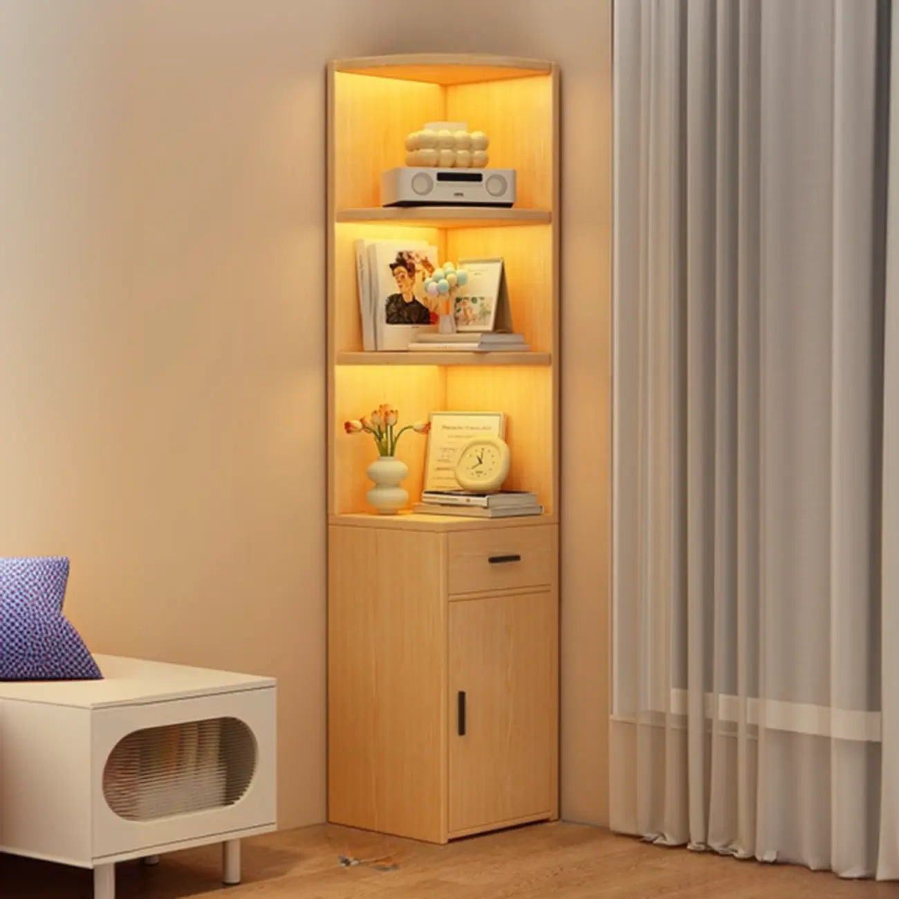 71" Minimalist Corner Storage Display Cabinet With Lighting Image - 7 | homeyfad