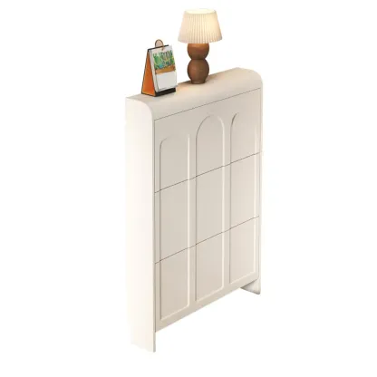 Slim Drop Front 3-Tier White Wood Shoe Storage Cabinet Image - 6
