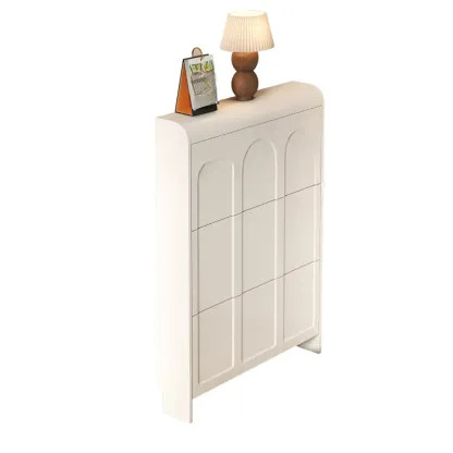 Slim Drop Front 3-Tier White Wood Shoe Storage Cabinet Image - 7