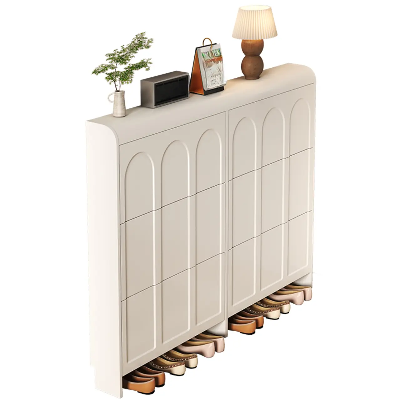 Slim Drop Front 3-Tier White Wood Shoe Storage Cabinet Image - 15 | homeyfad