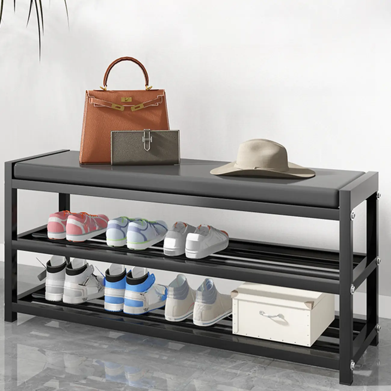 Entryway Black Metal Shoe Storage Bench with Cushion Image - 1 | homeyfad
