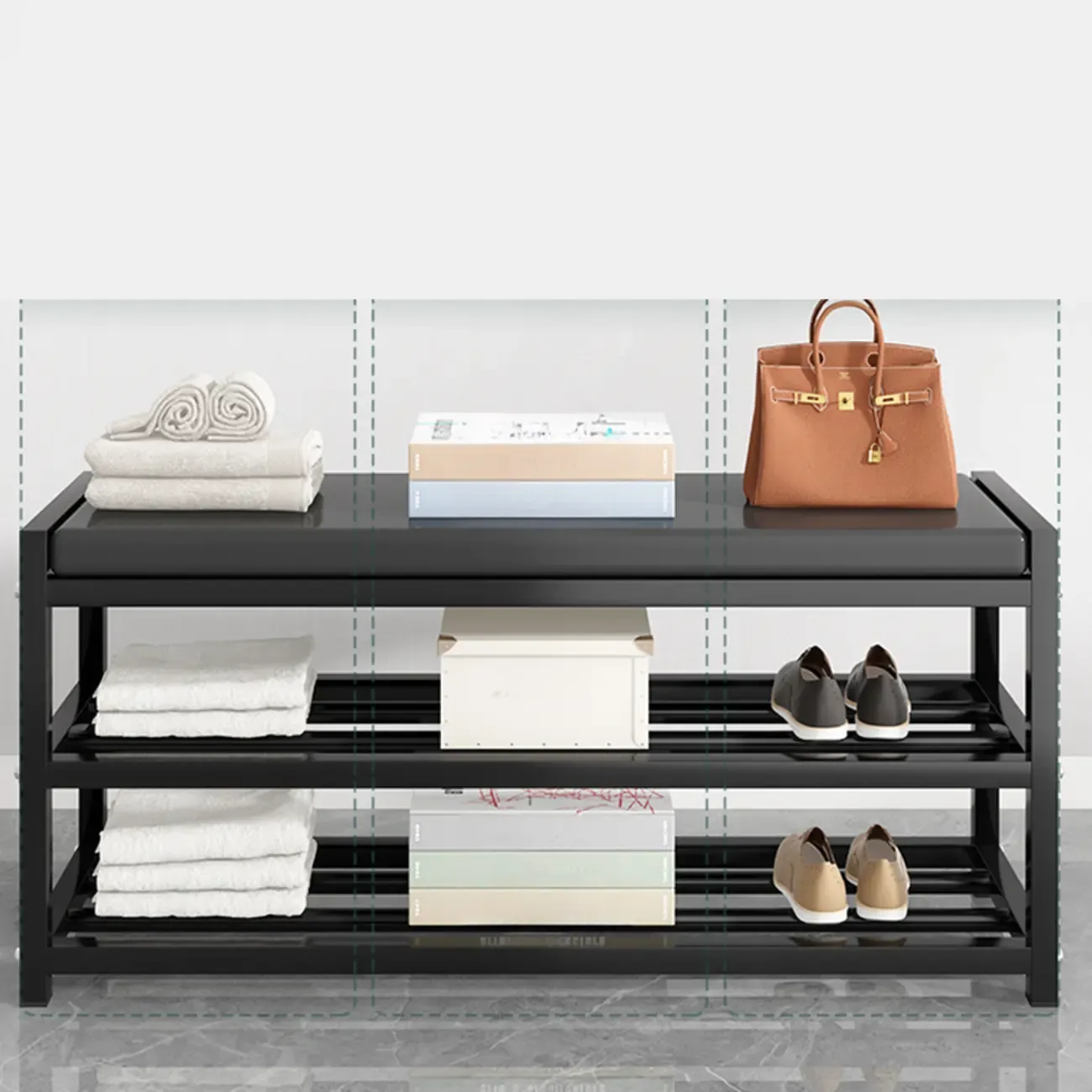 Entryway Black Metal Shoe Storage Bench with Cushion Image - 5