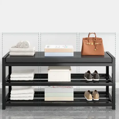 Entryway Black Metal Shoe Storage Bench with Cushion Image - 5
