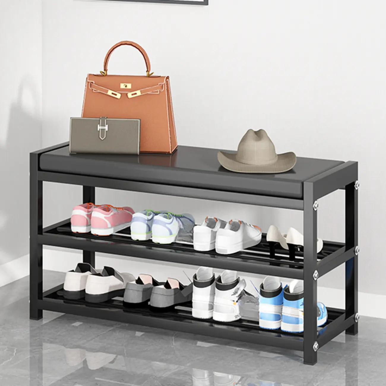 Entryway Black Metal Shoe Storage Bench with Cushion Image - 2 | homeyfad